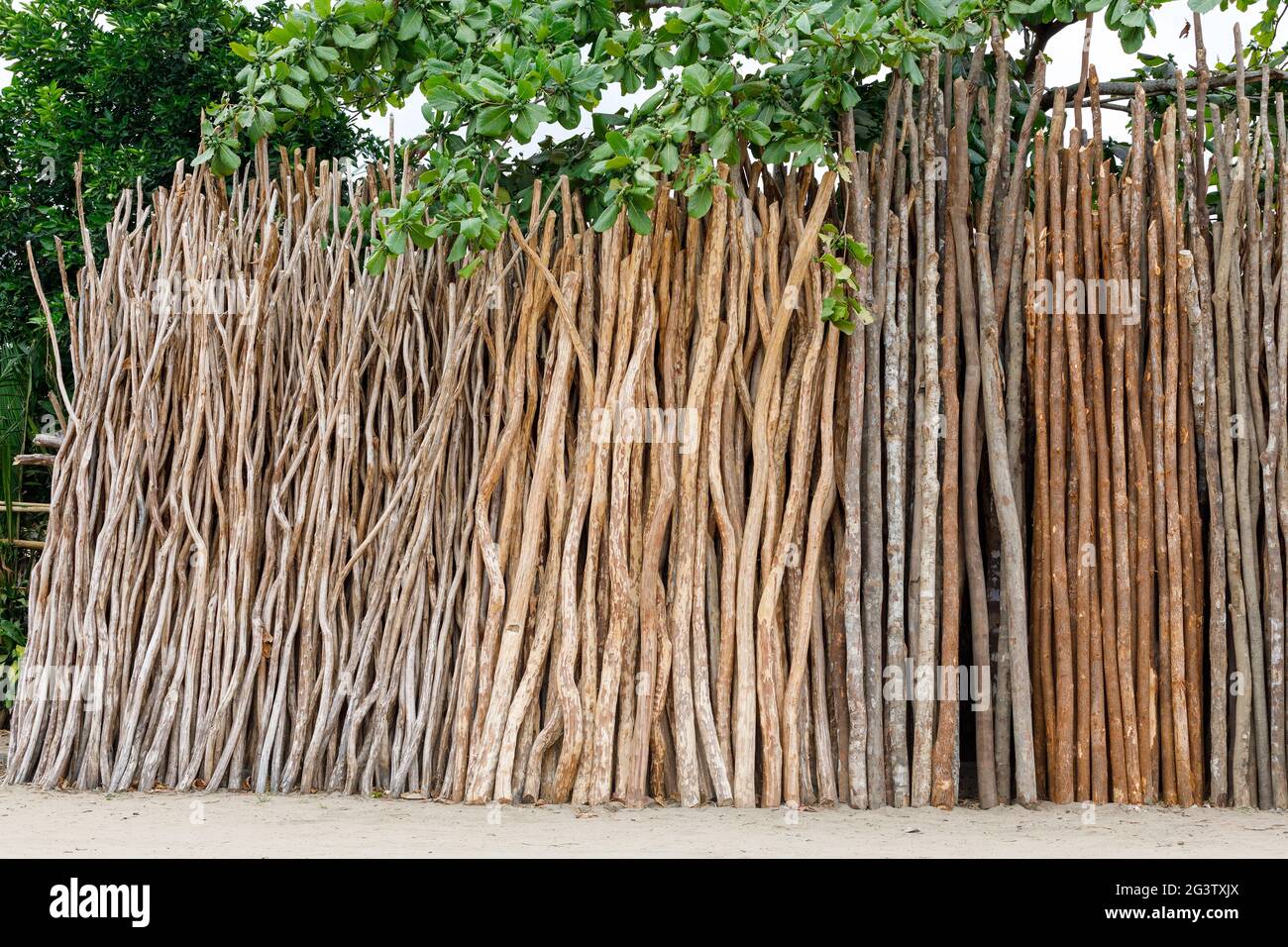 Wooden poles for home construction in Madagascar Stock Photo