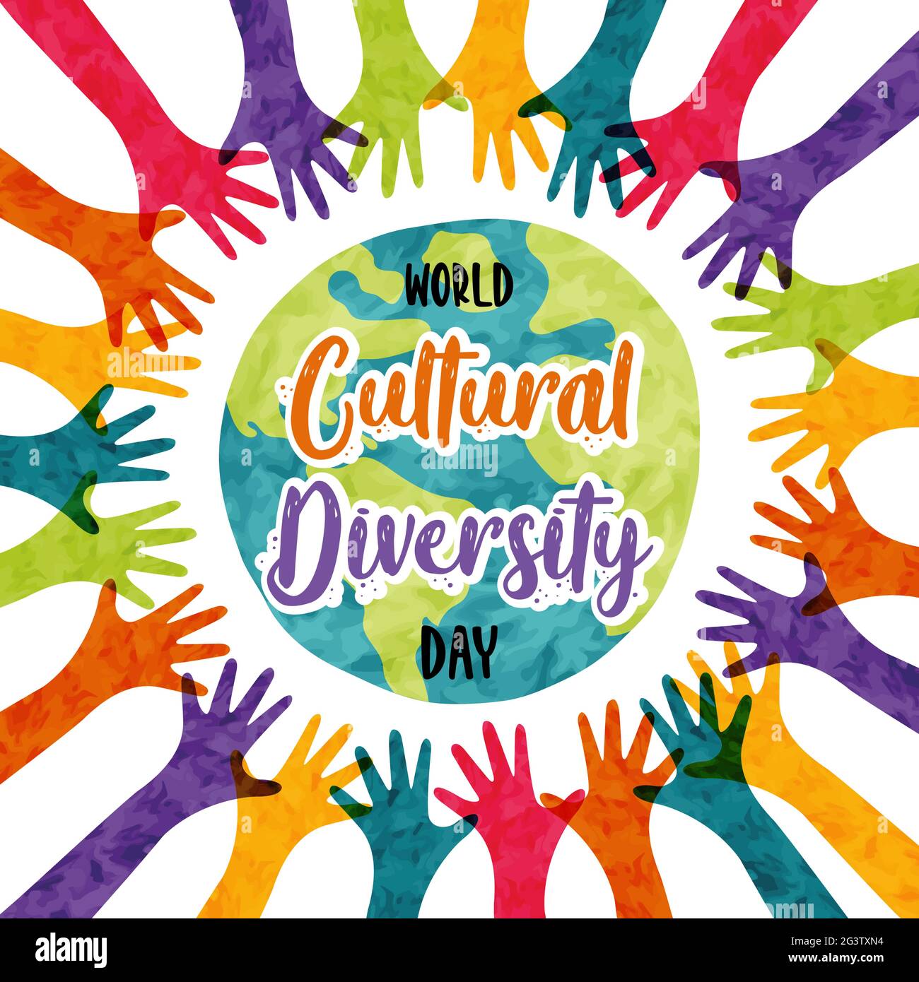 World Cultural Diversity Day greeting card illustration of colorful people hands raised up together. International culture social help concept. 21 may Stock Vector