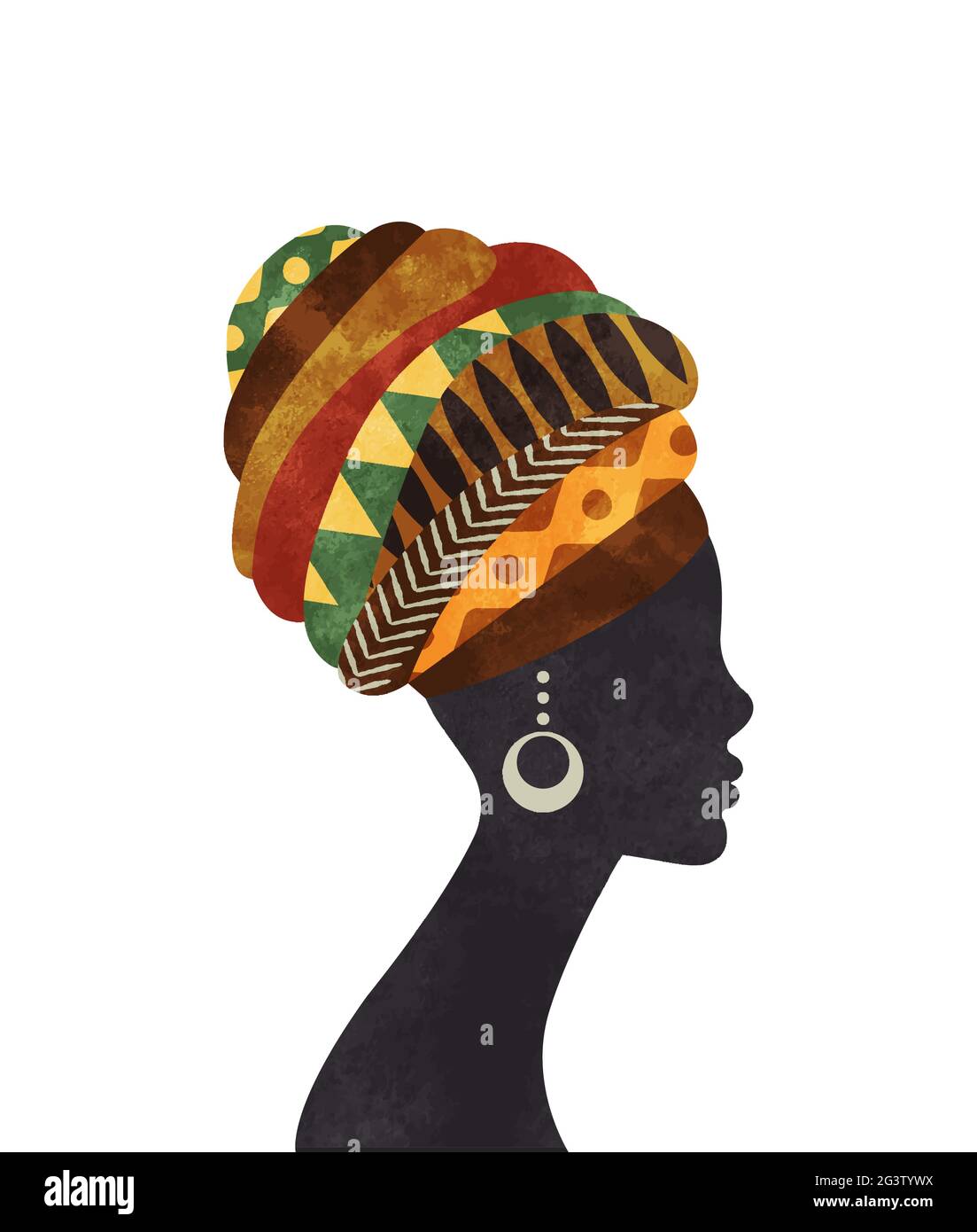 Beautiful african culture woman with traditional turban in watercolor painting texture. Black africa girl face silhouette on isolated background. Stock Vector