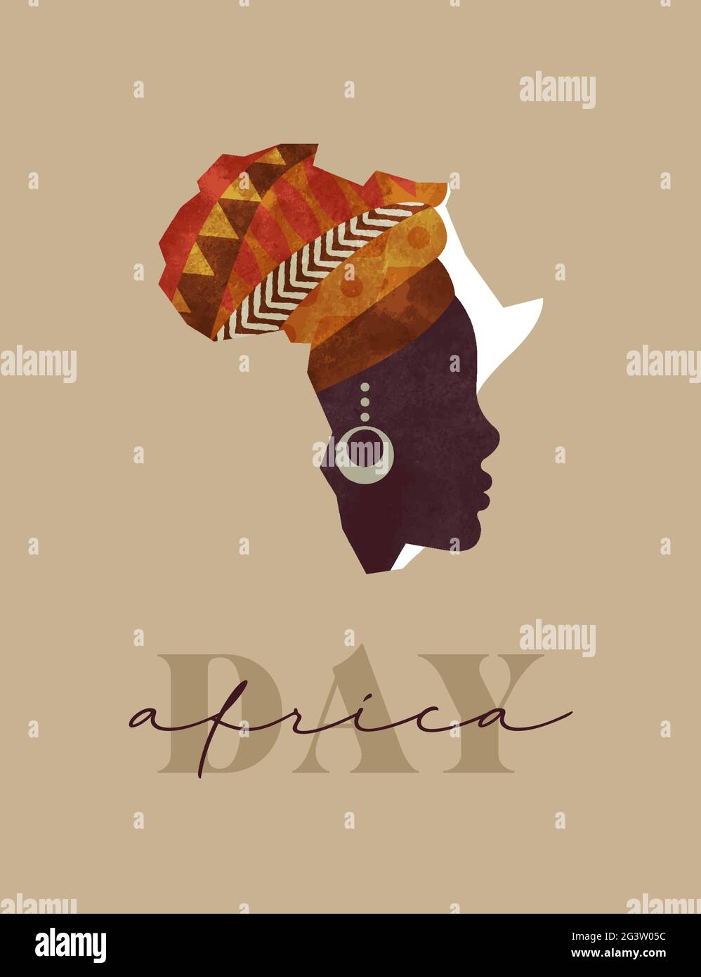 Africa Day greeting card illustration, african continent map made of beautiful black woman face with traditional tribal art head turban. May 25 holida Stock Vector