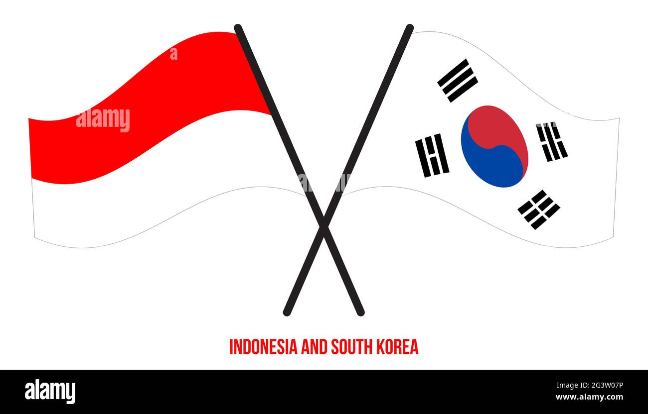 Indonesia and South Korea Flags Crossed And Waving Flat Style. Official Proportion. Correct Colors. Stock Vector