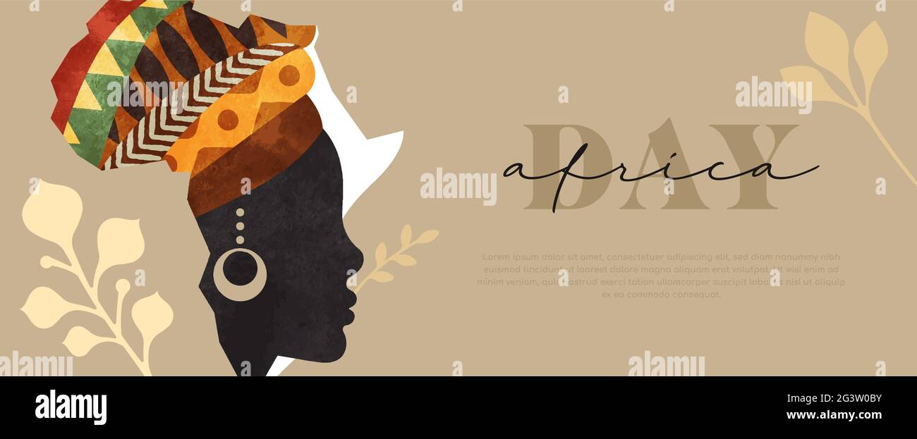 Africa Day web template illustration, african continent map made of beautiful black woman face with traditional tribal art head turban. May 25 holiday Stock Vector