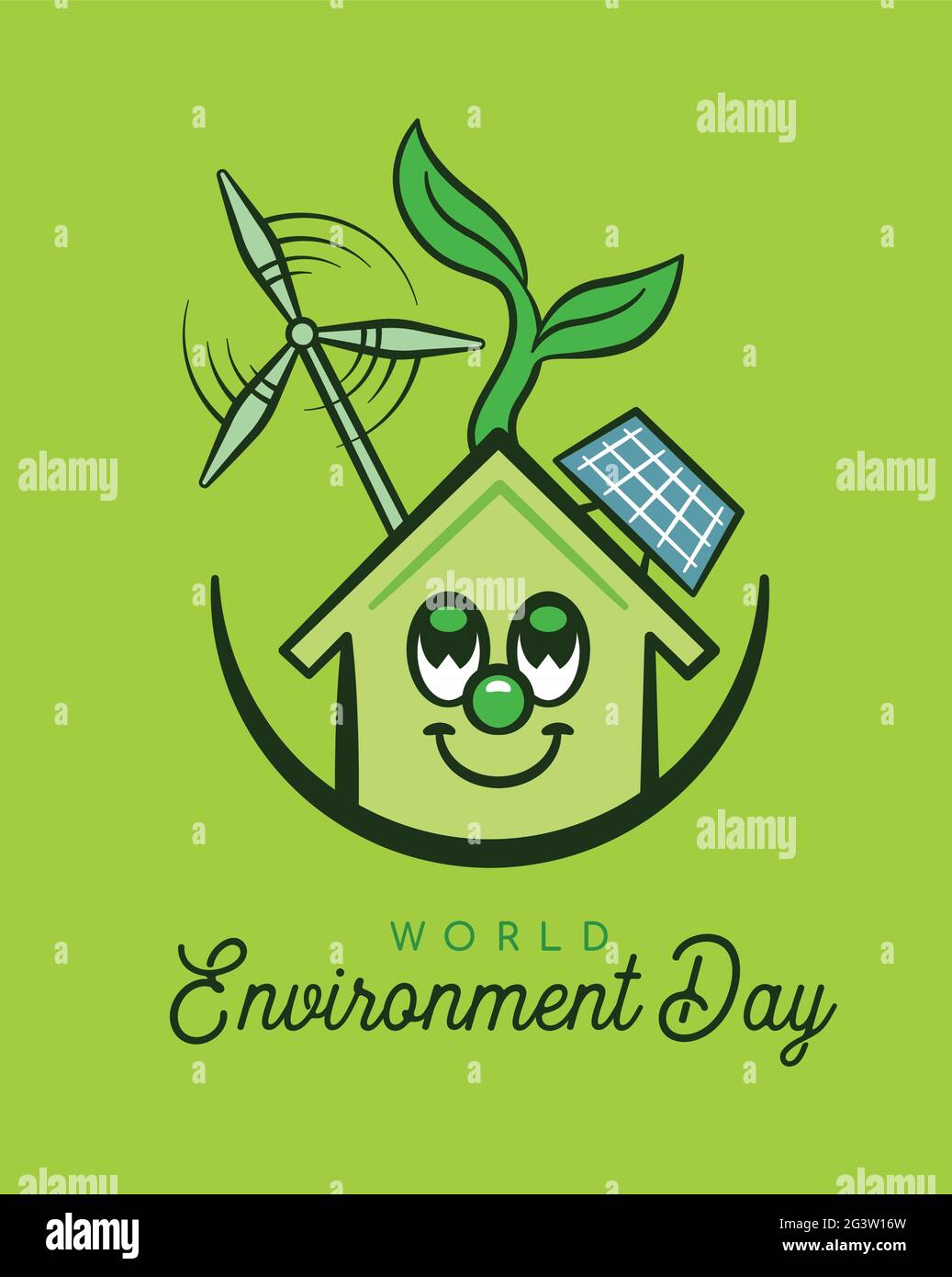 World Environment Day greeting card illustration of green eco house with clean energy. Funny home character retro cartoon for june 5 holiday. Stock Vector
