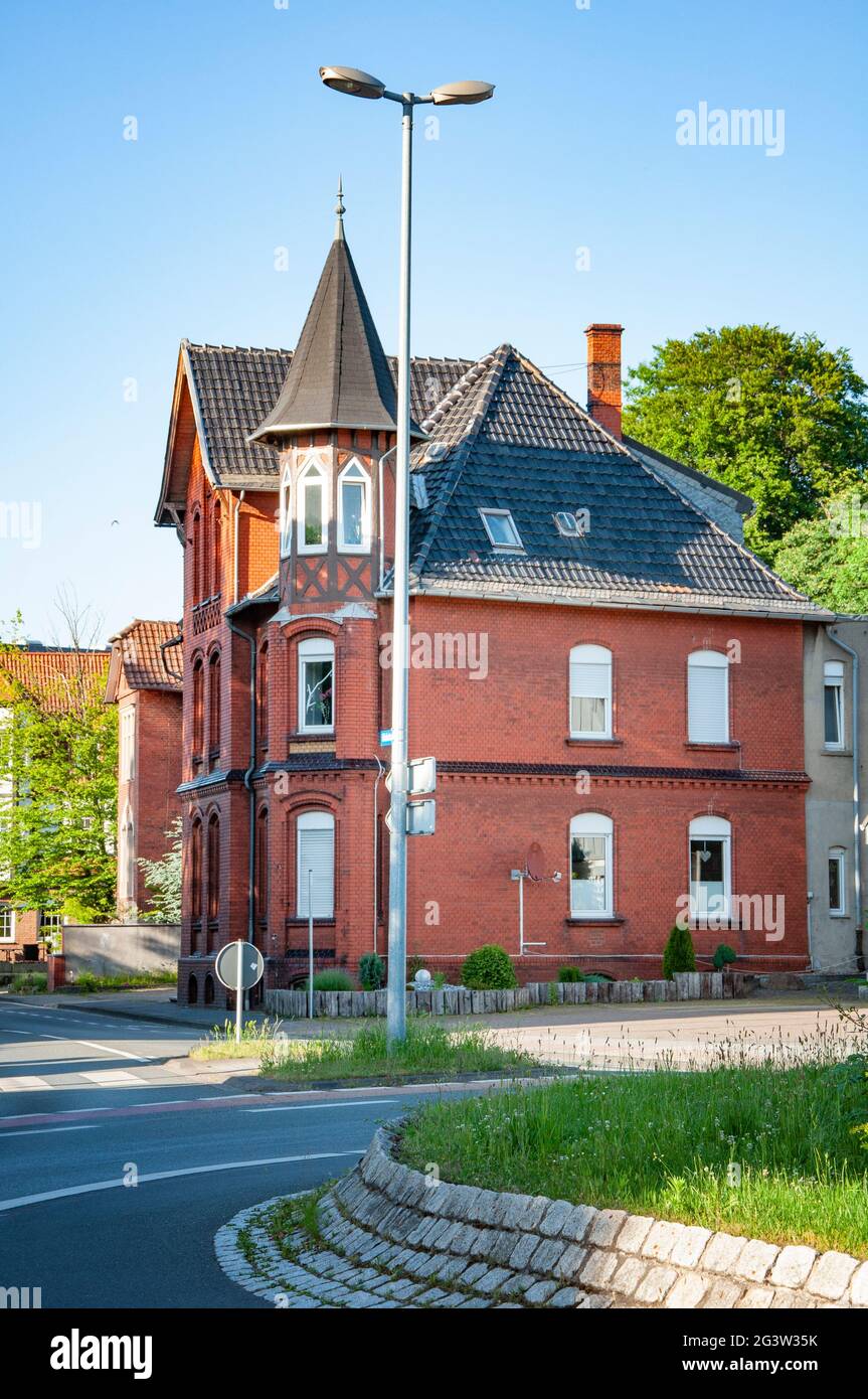 BUNDE, GERMANY. JUNE 12, 2021. Beautiful view of small german town with typical architecture. Fachwerk style, Prussian wall Stock Photo