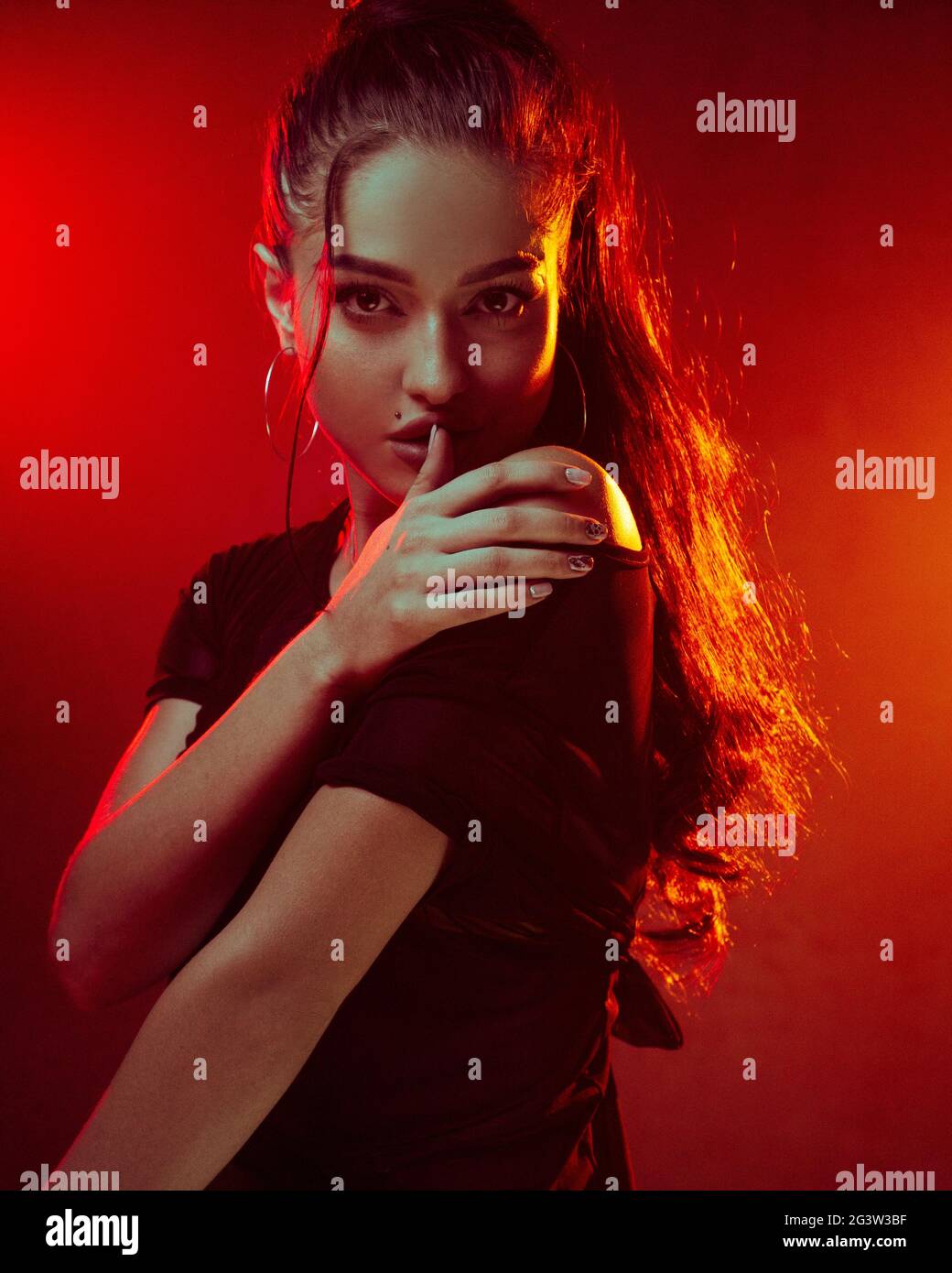 sensual-woman-in-red-and-yellow-lights-portrait-stock-photo-alamy