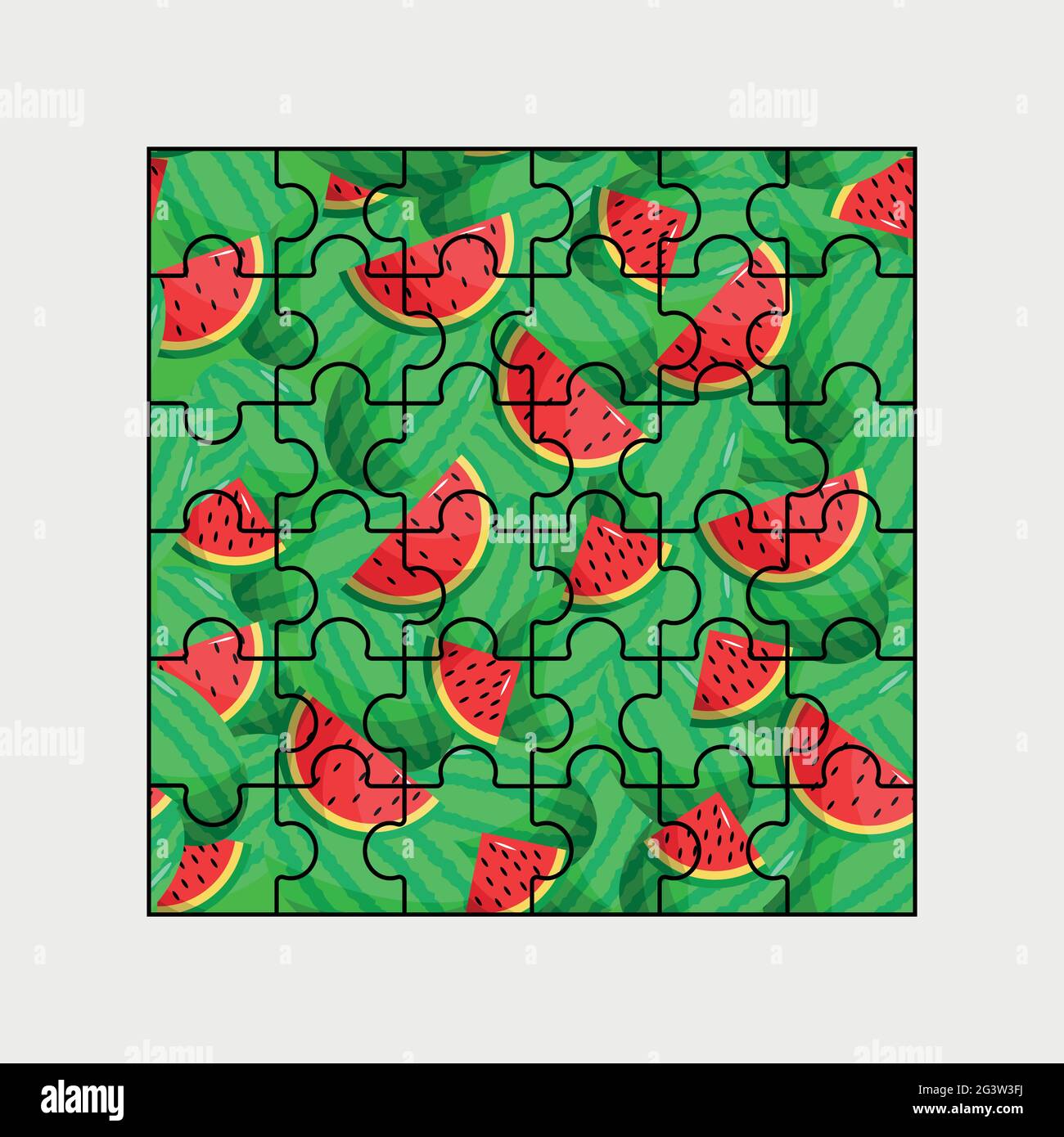 Puzzle grid template. 36 piece puzzle, puzzle game and puzzle 6x6 pieces of frame design with watermelon paterna background. Stock Vector