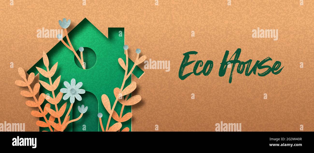 Eco house papercut illustration banner with green leaf and flower garden inside. 3D clean energy home cutout craft in recycled paper background. Susta Stock Vector