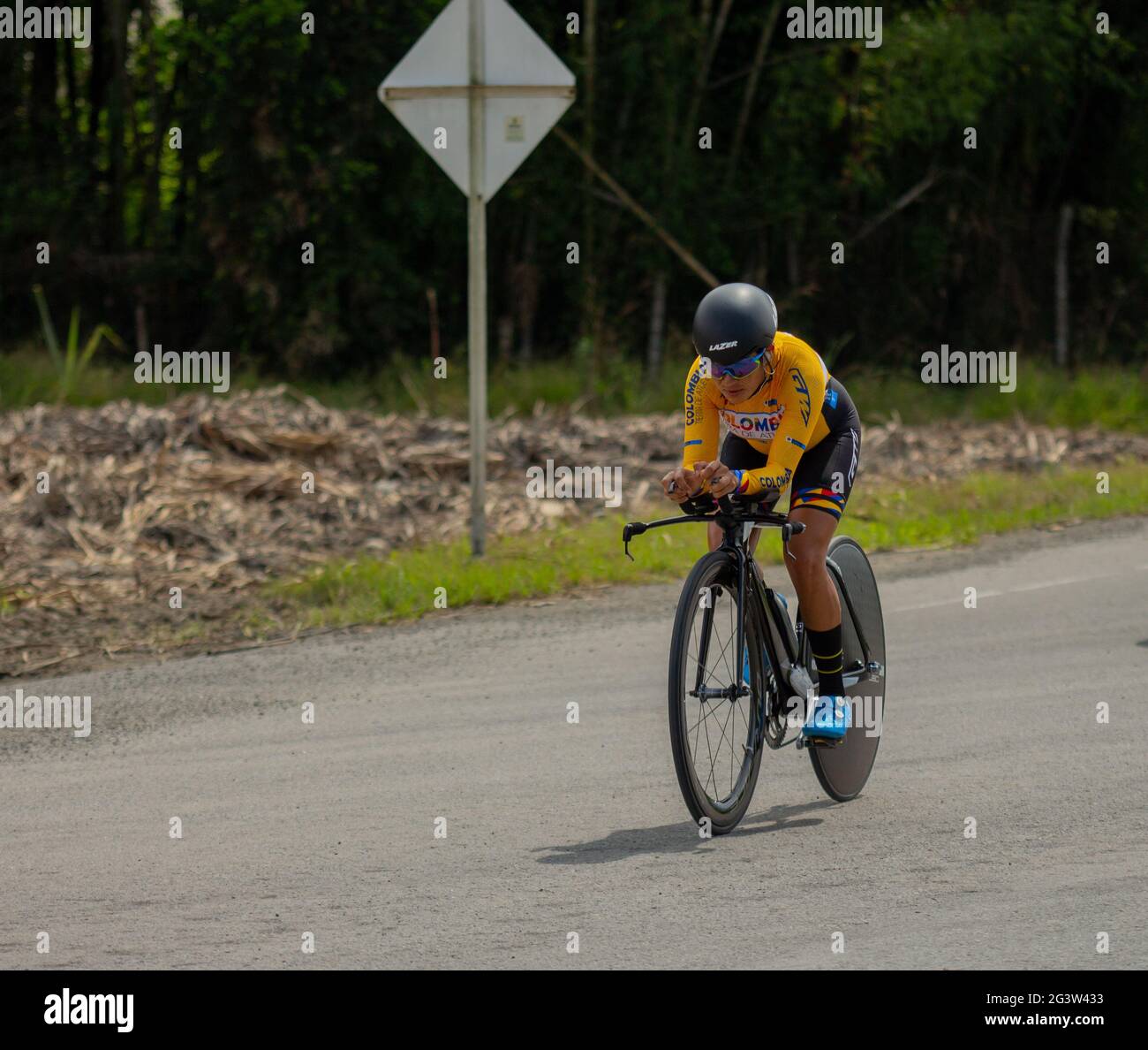 Virginia, Colombia. 17th June, 2021. A member of the 'Colombia Tierra de Atletas' team during the time trials at Virginia, Risaralda, Colombia of the Colombian National Road Race Championship, 2021, on June 17, 2021. Credit: Long Visual Press/Alamy Live News Stock Photo