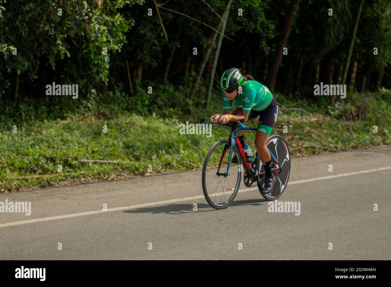 Virginia, Colombia. 17th June, 2021. A member of the team 'Boyaca Avanza' during the time trials at Virginia, Risaralda, Colombia of the Colombian National Road Race Championship, 2021, on June 17, 2021. Credit: Long Visual Press/Alamy Live News Stock Photo