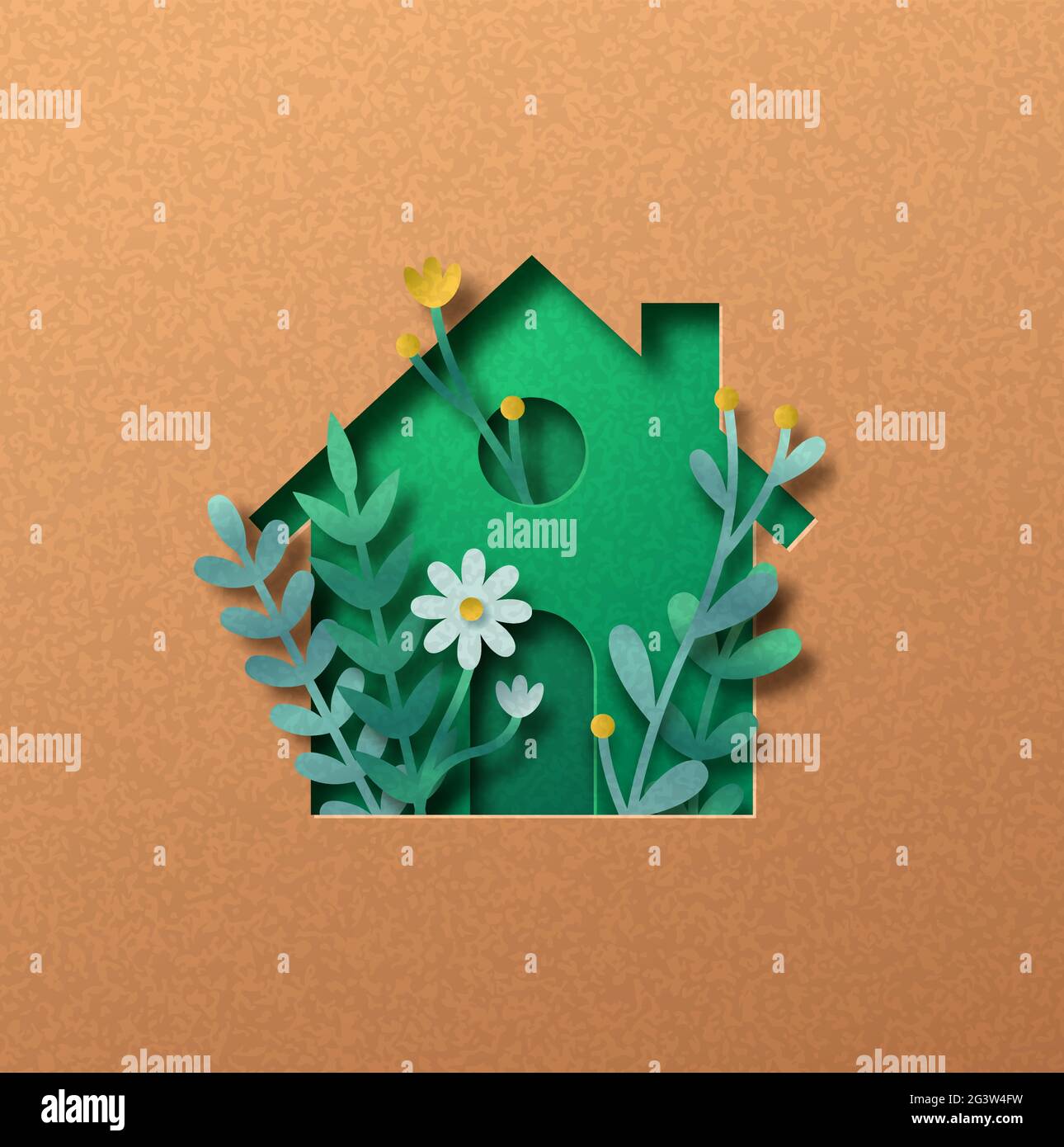 Eco house papercut illustration concept with green leaf and flower garden inside. 3D clean energy home cutout craft in recycled paper background. Sust Stock Vector