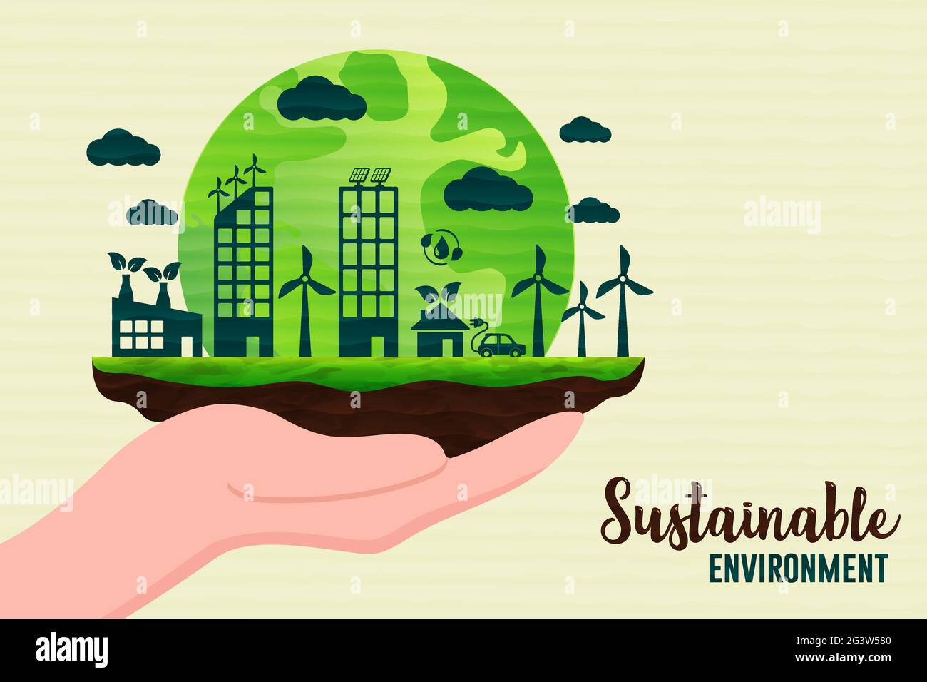 Sustainable environment illustration concept of people hand holding green community with eco friendly houses and clean energy supply. Nature care life Stock Vector