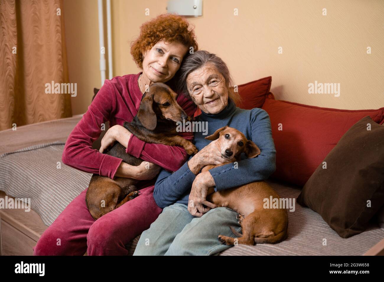 Adult woman takes care of her older mother with dementia, spending time at home with parent and dogs, smiling and happily relaxi Stock Photo