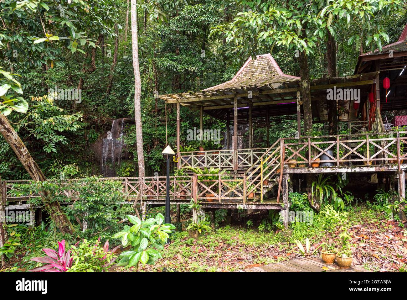 Gastronomy at the waterfall. Food and beverage in the Sarawak Cultural Village on Borneo Stock Photo