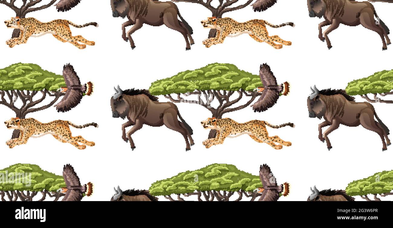 Seamless pattern with wild animals and elements on white background ...