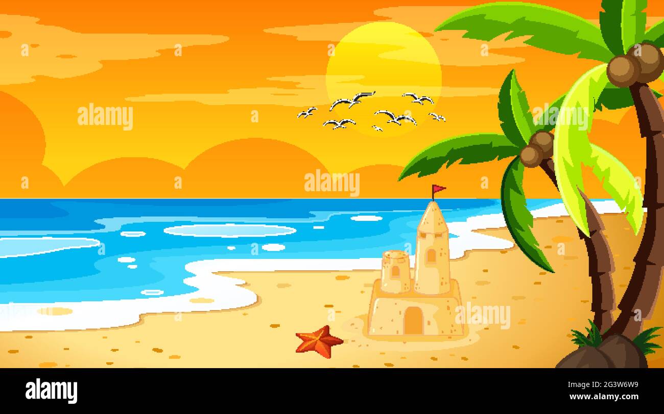 Beach at sunset time landscape scene with sand castle illustration ...