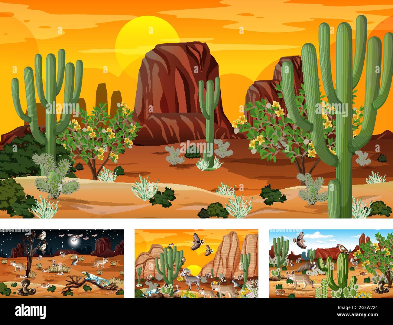 Different scenes with desert forest landscape with animals and plants ...