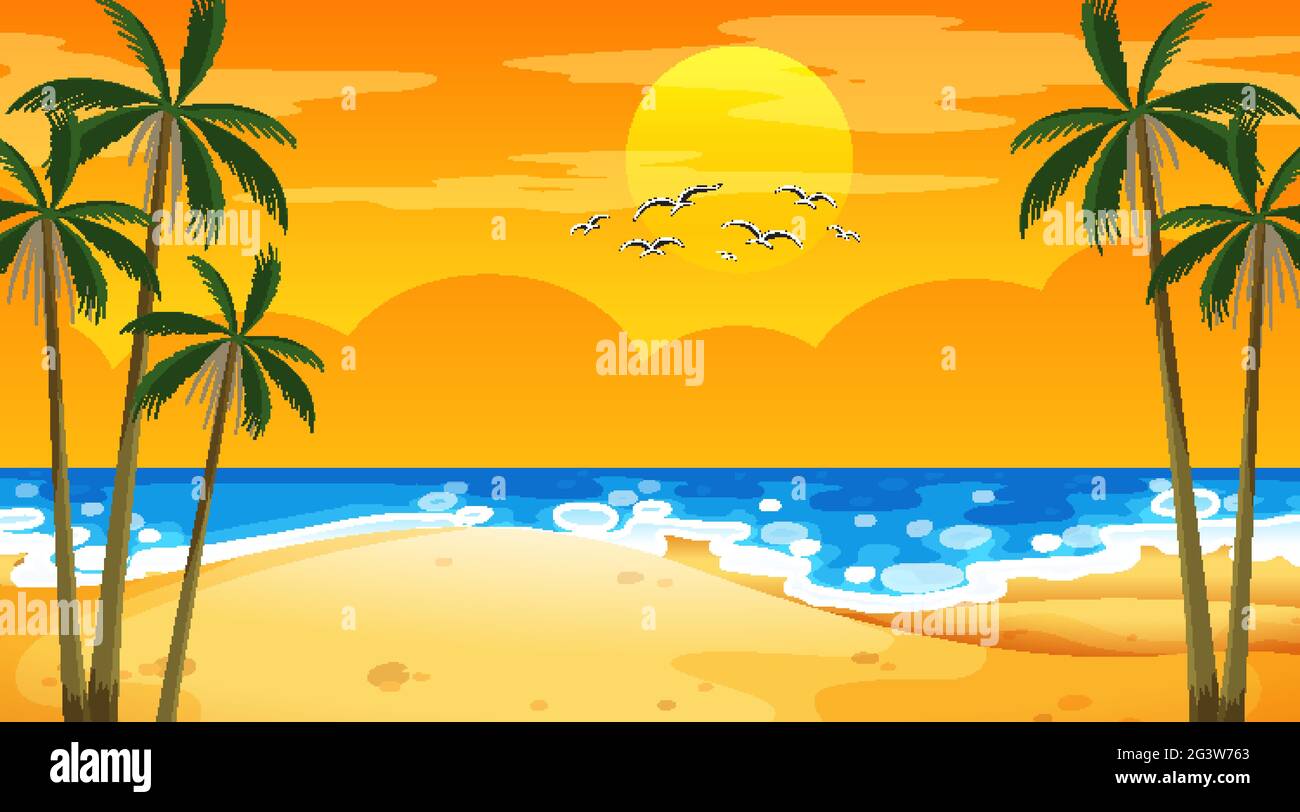 Beach at sunset time landscape scene with palm trees illustration Stock ...