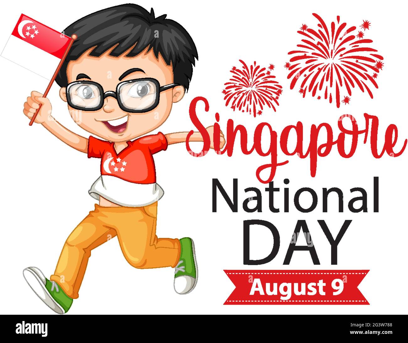 Singapore National Day with a boy holds Singapore flag cartoon character illustration Stock Vector