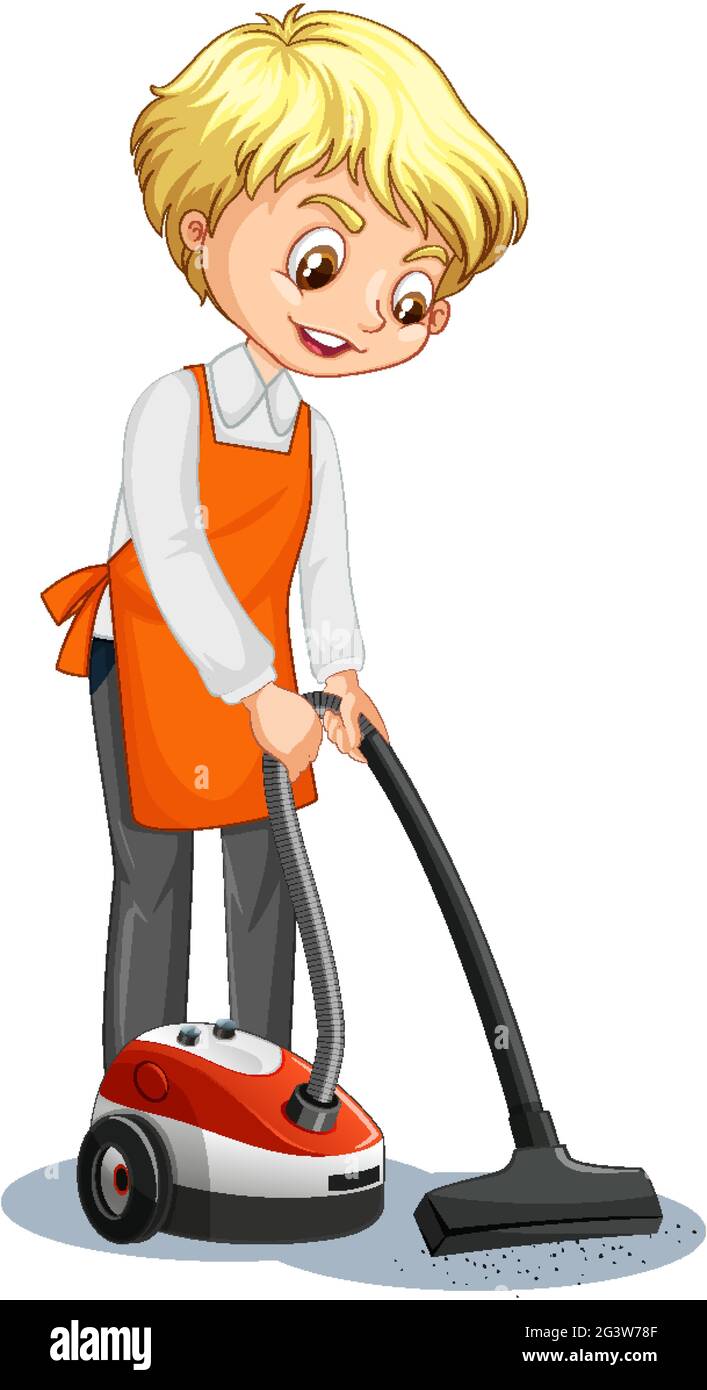 Cartoon character of a boy using vacuum cleaner illustration Stock