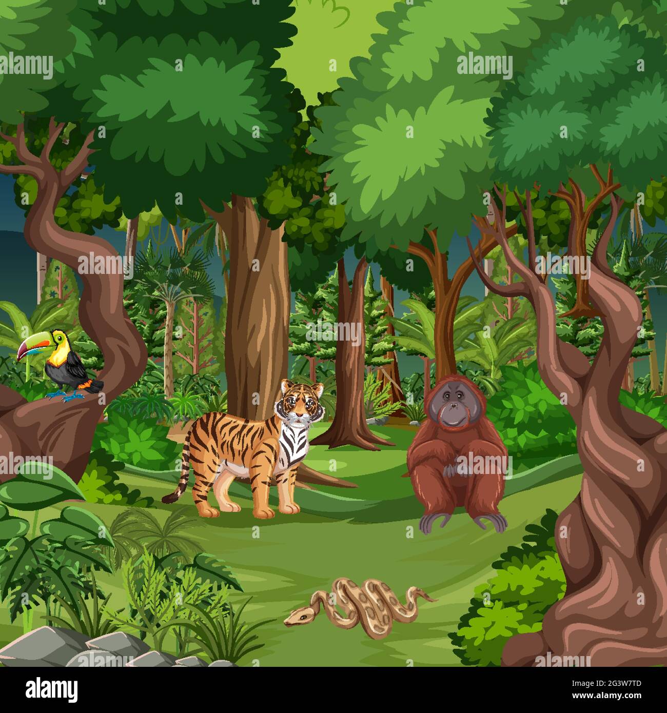 Forest scene with different wild animals illustration Stock Vector ...