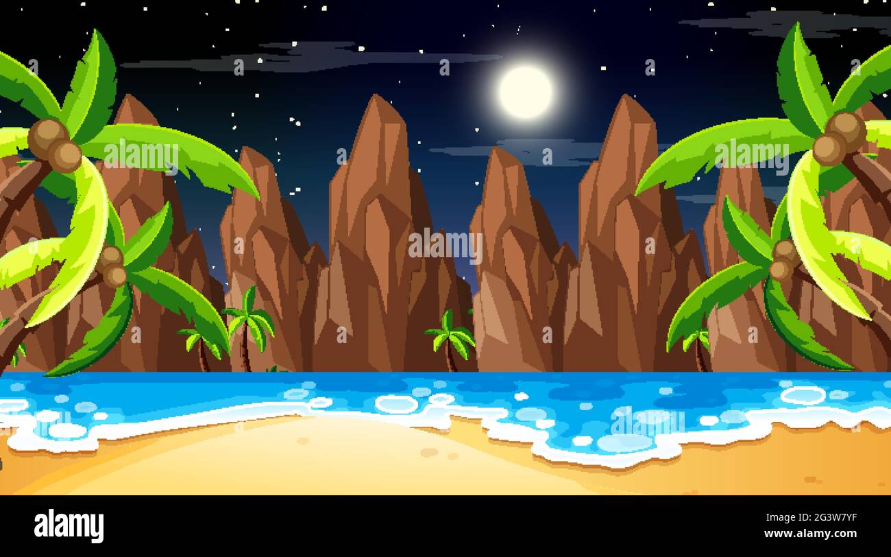 Tropical beach landscape scene at night illustration Stock Vector Image ...