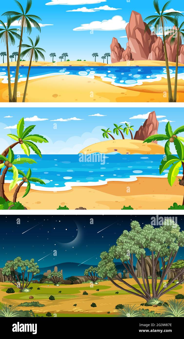 Three different nature horizontal scenes illustration Stock Vector