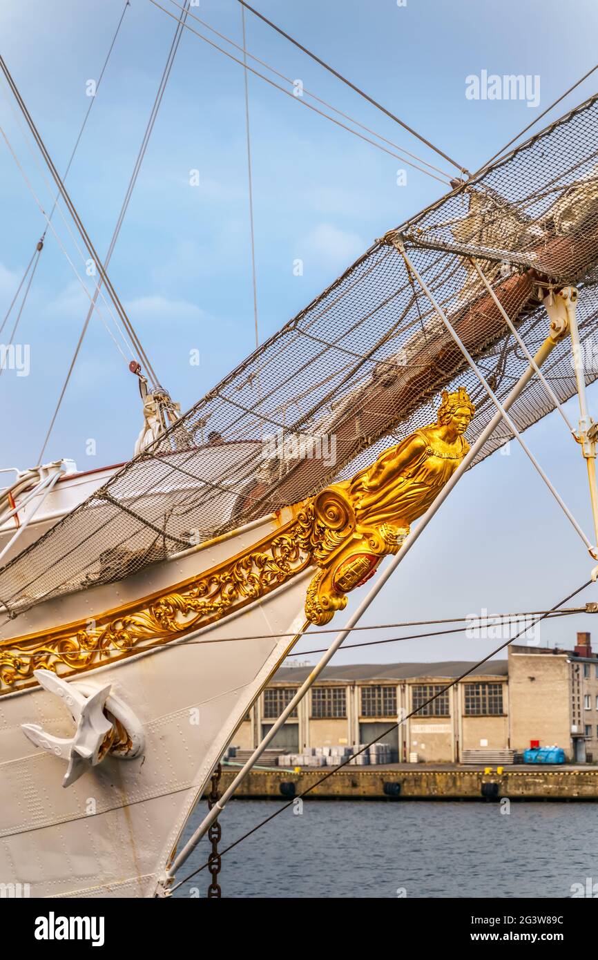 Closeup on figurehead or ship bow figure of famous tall ship Juan Sebastian de Elcano Stock Photo