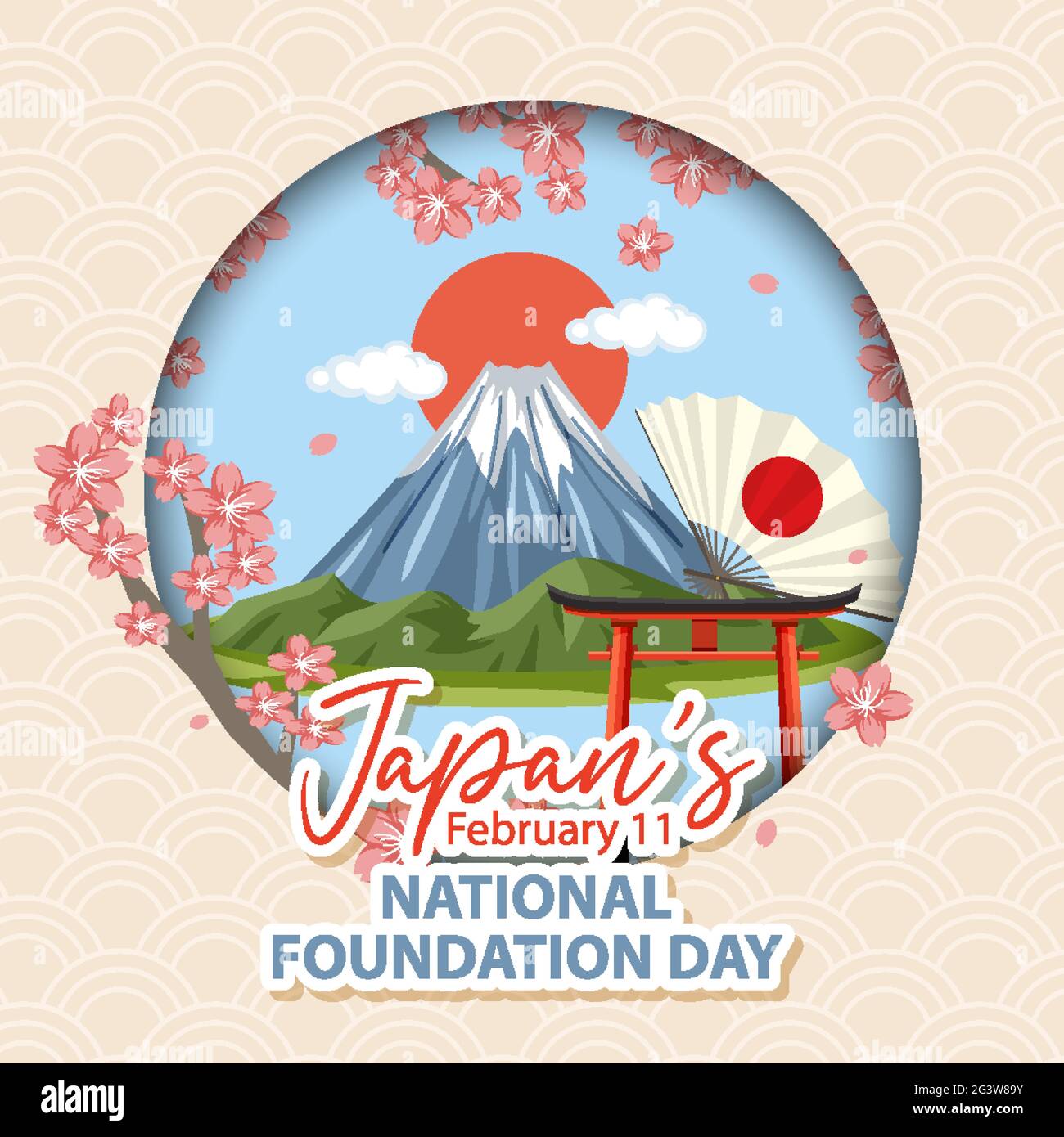 Japan's National Foundation Day banner with Mount Fuji and Torii Gate