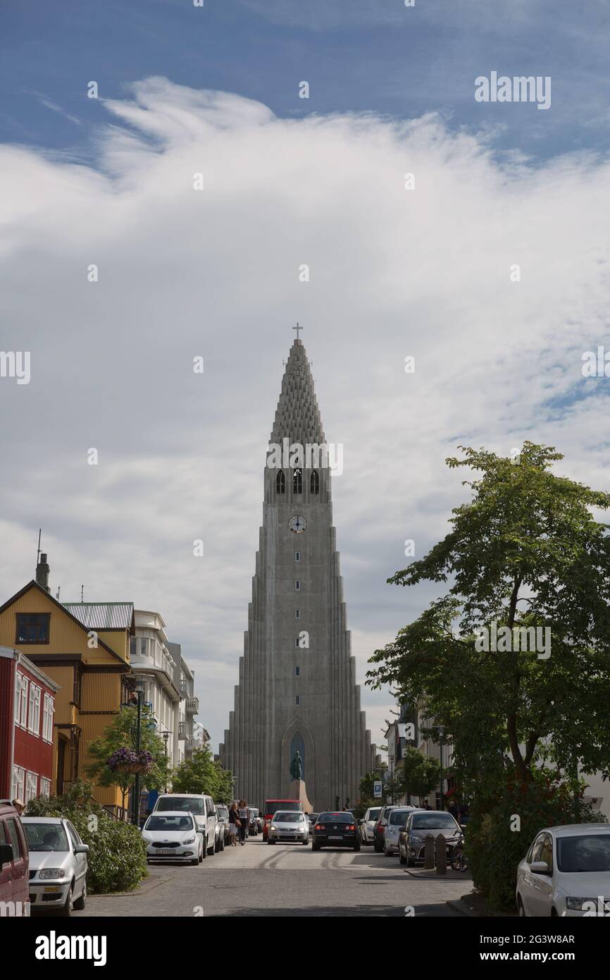 Hallgrimskirkja Cathedral in Reykjavik, Iceland, lutheran parish church, exterior in a sunny summer Stock Photo