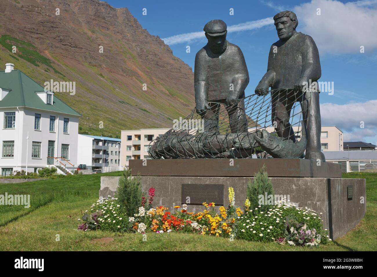 The Fisherman's Monument is a sculpture in Isafjordur, a town in Northern Iceland. It commemorates t Stock Photo