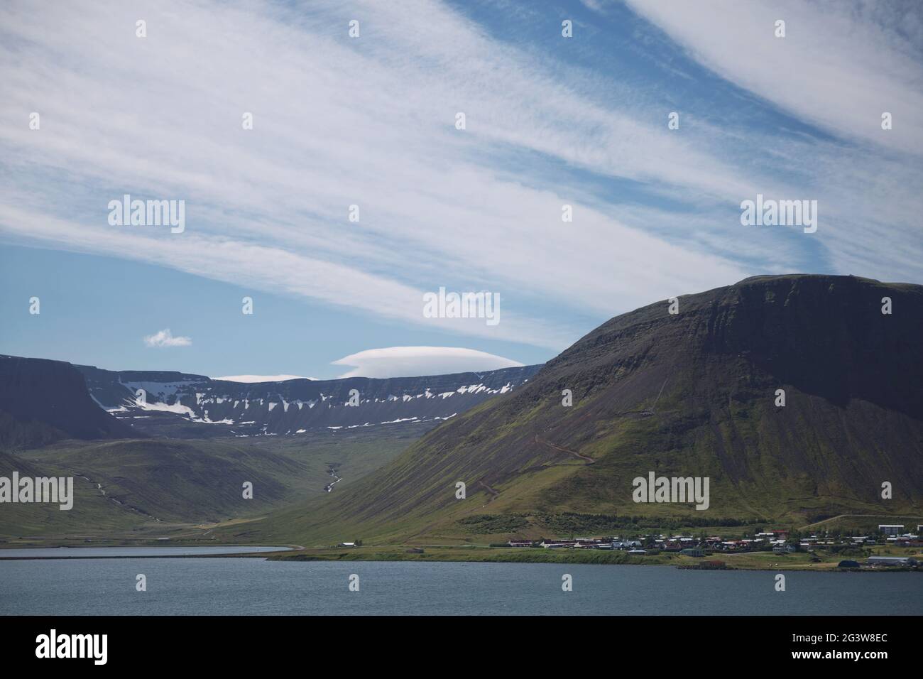 Beautiful view and landscape of icelandic fjord that is surrounding village of Isafjordur in Iceland Stock Photo