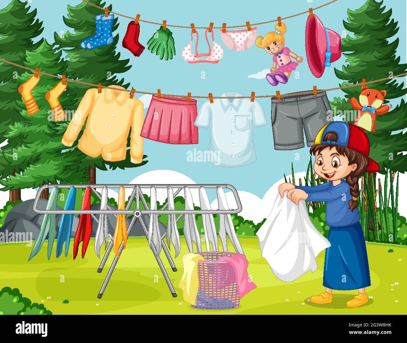 Outdoor scene with a girl hanging clothes on clotheslines illustration Stock Vector