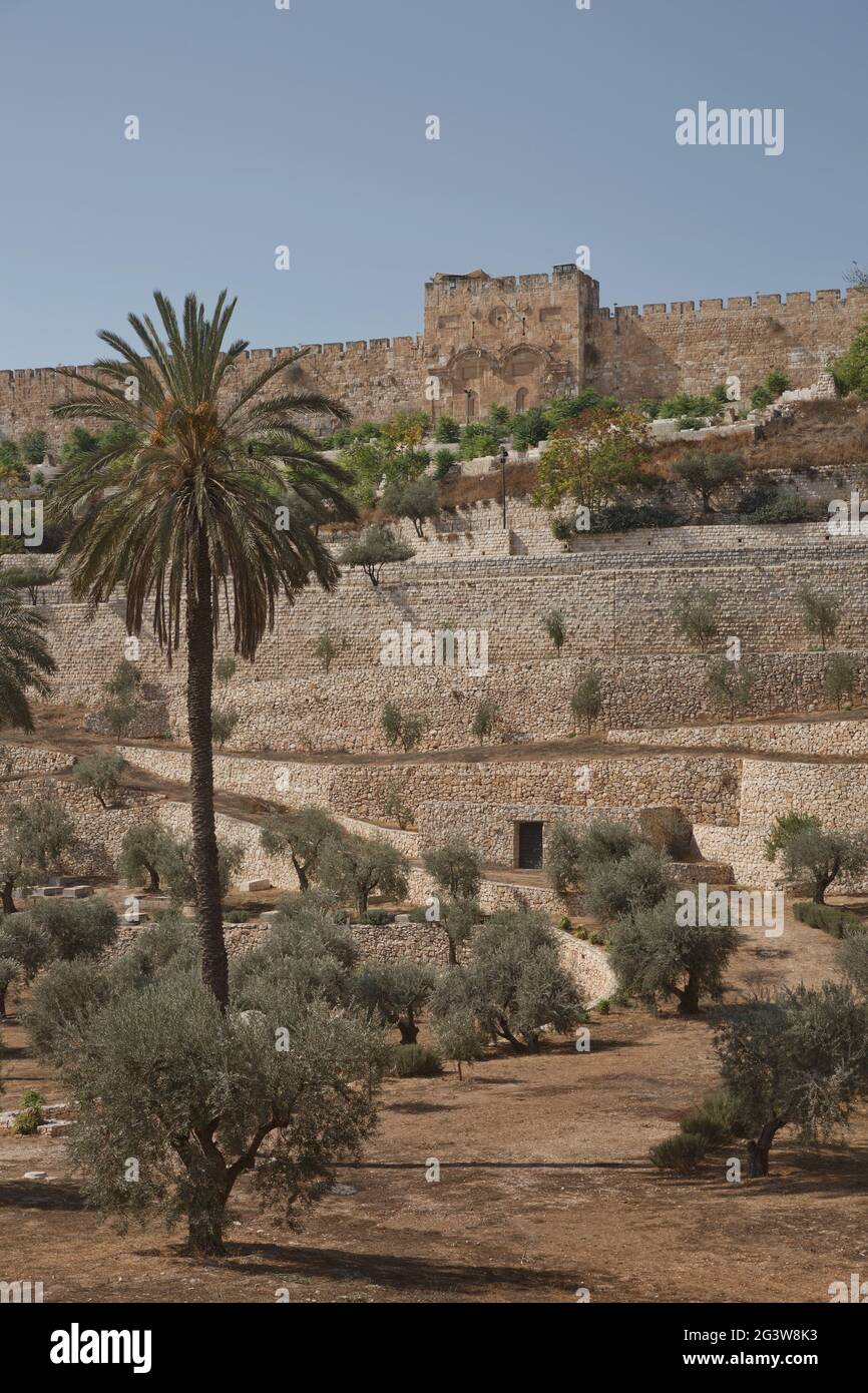 Terraces of the Kidron Valley and the the wall of the Old City in Jerusalem in Israel Stock Photo