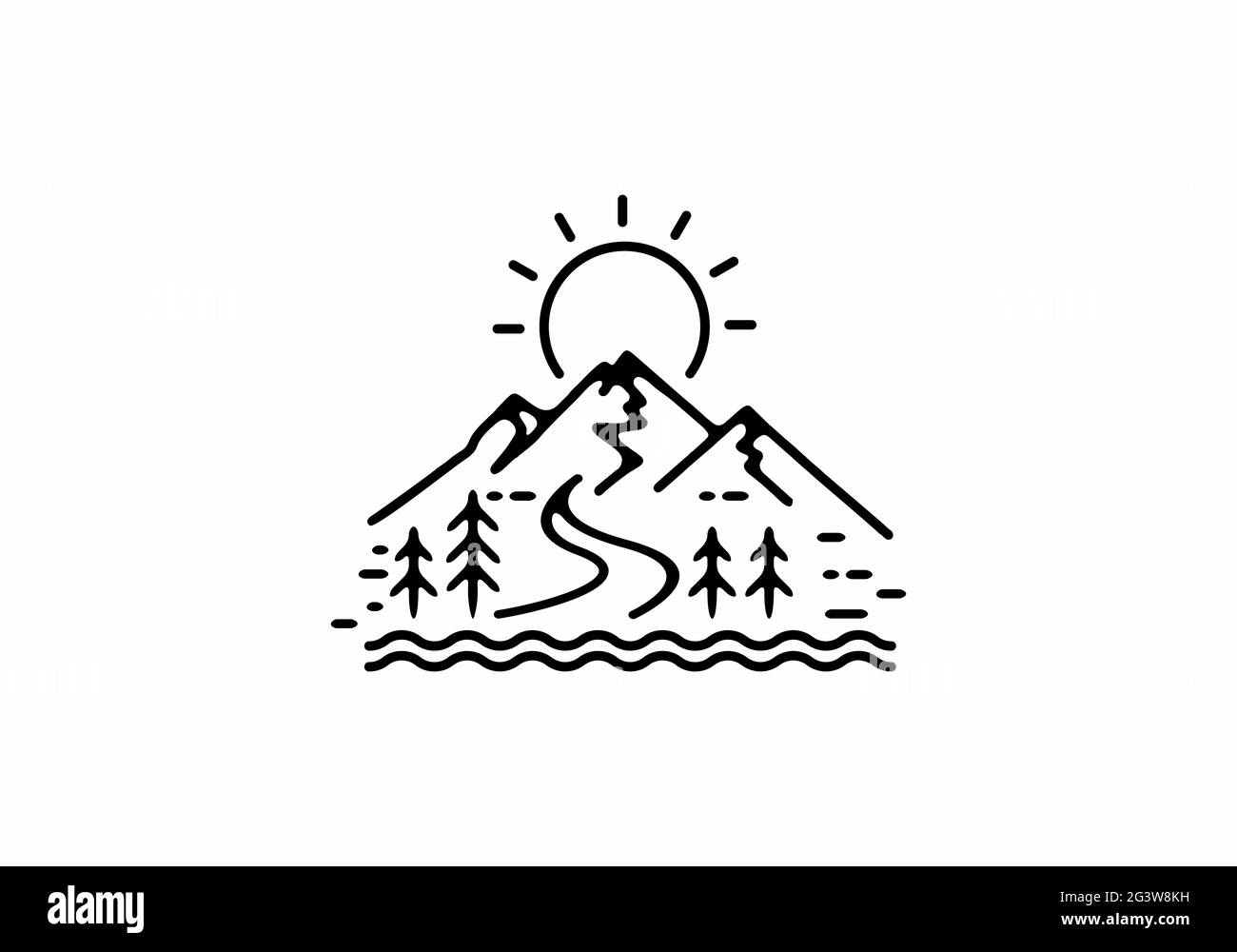 Black line art illustration of mountain landscape design Stock Vector