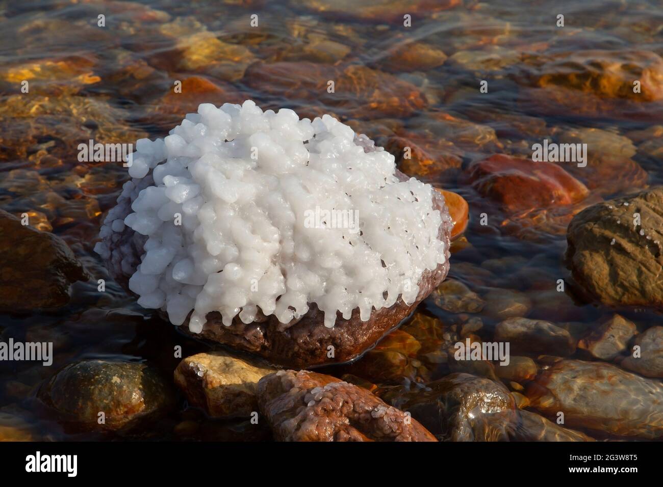 New salt formation growing on red iron-rich rock in the Dead Sea Stock Photo