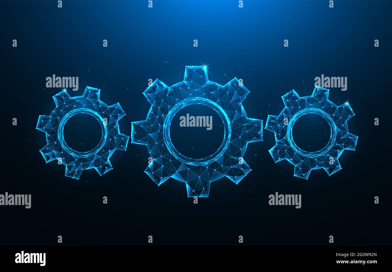 Gears or cogwheel low poly art. Mechanism polygonal vector illustrations on a blue background. Stock Photo