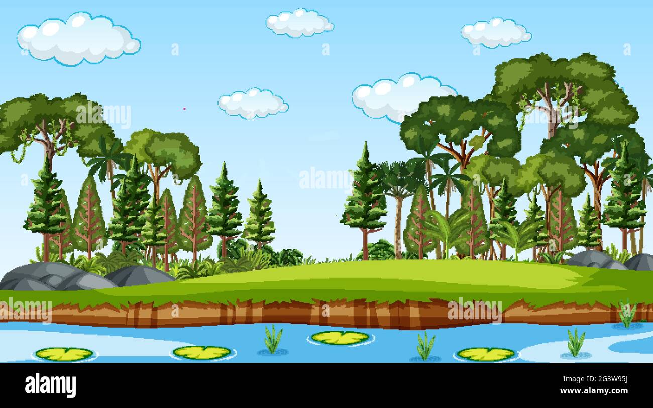 Nature forest landscape at daytime scene with river flowing through the ...
