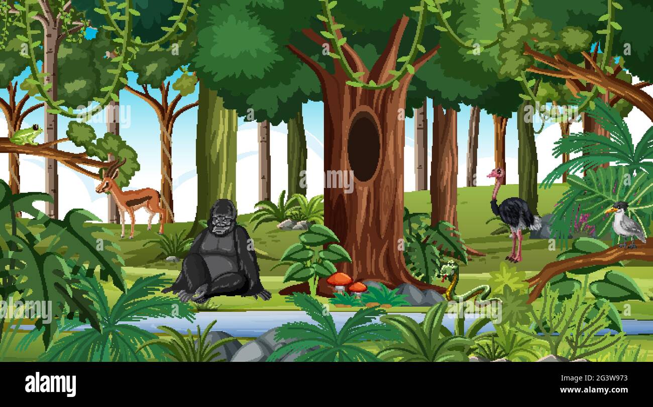 Forest scene with different wild animals illustration Stock Vector ...