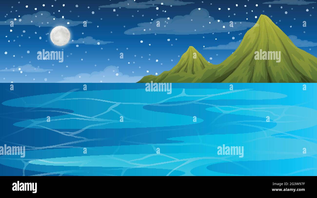 Ocean at night time landscape scene with mountain background ...