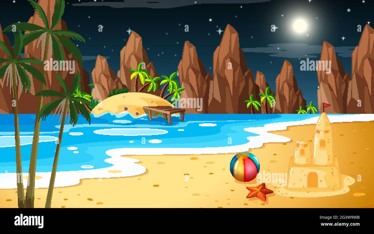 Tropical beach landscape scene with sand castle at night illustration ...