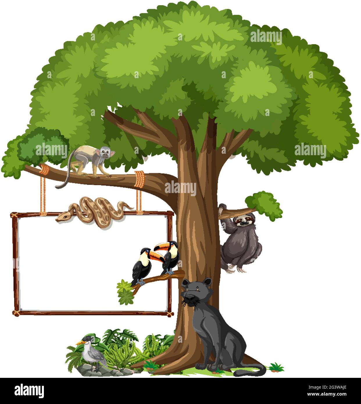 Empty banner with wild animals and rainforest trees on white background ...
