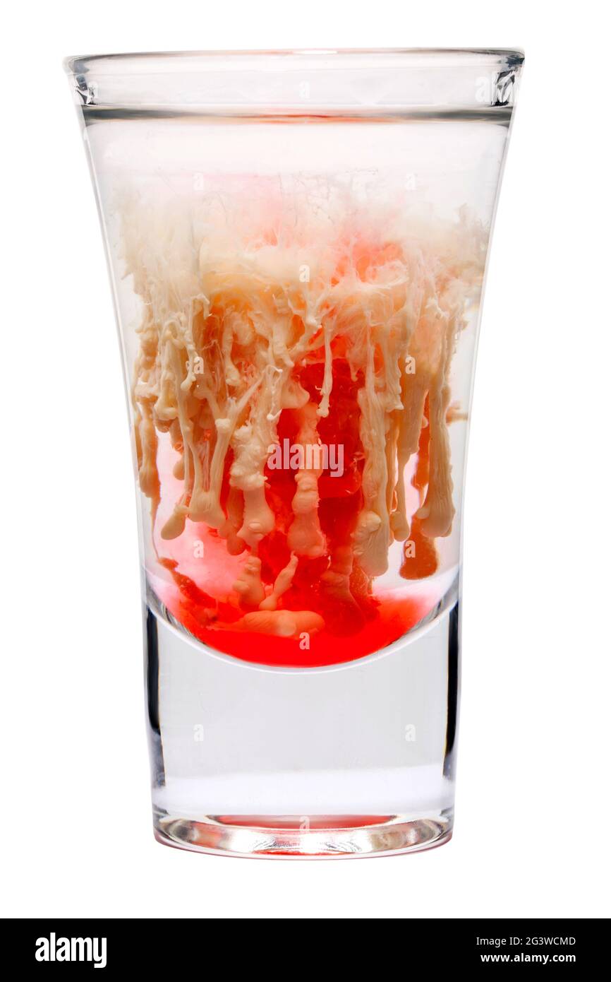Cocktail - vodka, egg white and juice - the name brain tumor. Alcoholic cocktail in a glass on a white background. Isolated. Res Stock Photo