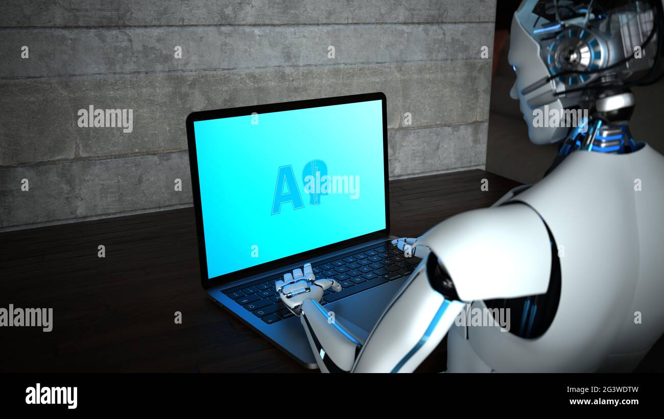 Humanoid Robot Notebook AI Stock Photo