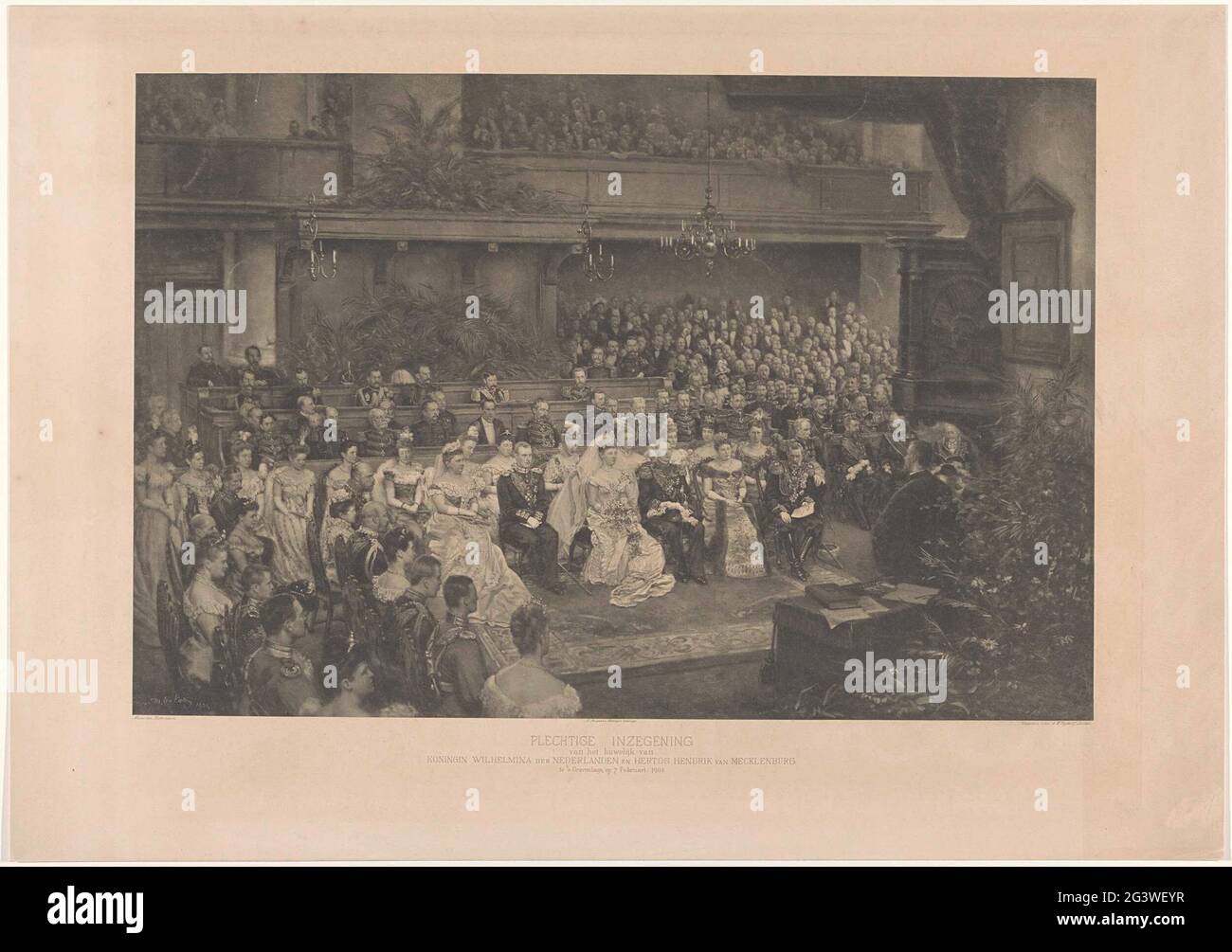 Solemn blessing of the marriage of Queen Wilhelmina der Nederlanden and Hertog Hendrik van Mecklenburg in 's-Gravenhage, on February 7, 1901. The blessing of the marriage of Queen Wilhelmina Hertog Hendrik van Mecklenburg in the Grote Kerk in' s-Gravenhage on February 7, 1901 . Left of the bride her mother Queen Emma and Hendriks Cousin Grand Duke Frederik French IV from Mecklenburg-Schwerin. To the right of the groom his mother Marie van Schwarzburg-Rudolstadt. The marriage was taken out by the Minister of Justice Pieter Wilhelm Adrianus Cort van der Linden, who performed for the opportunity Stock Photo