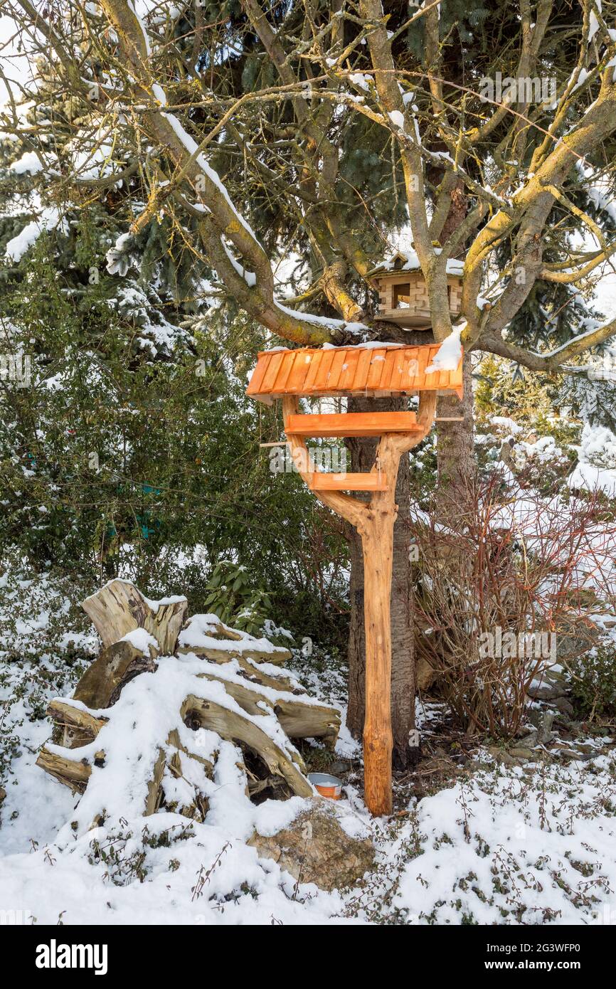 Simple birdhouse in winter garden Stock Photo Alamy
