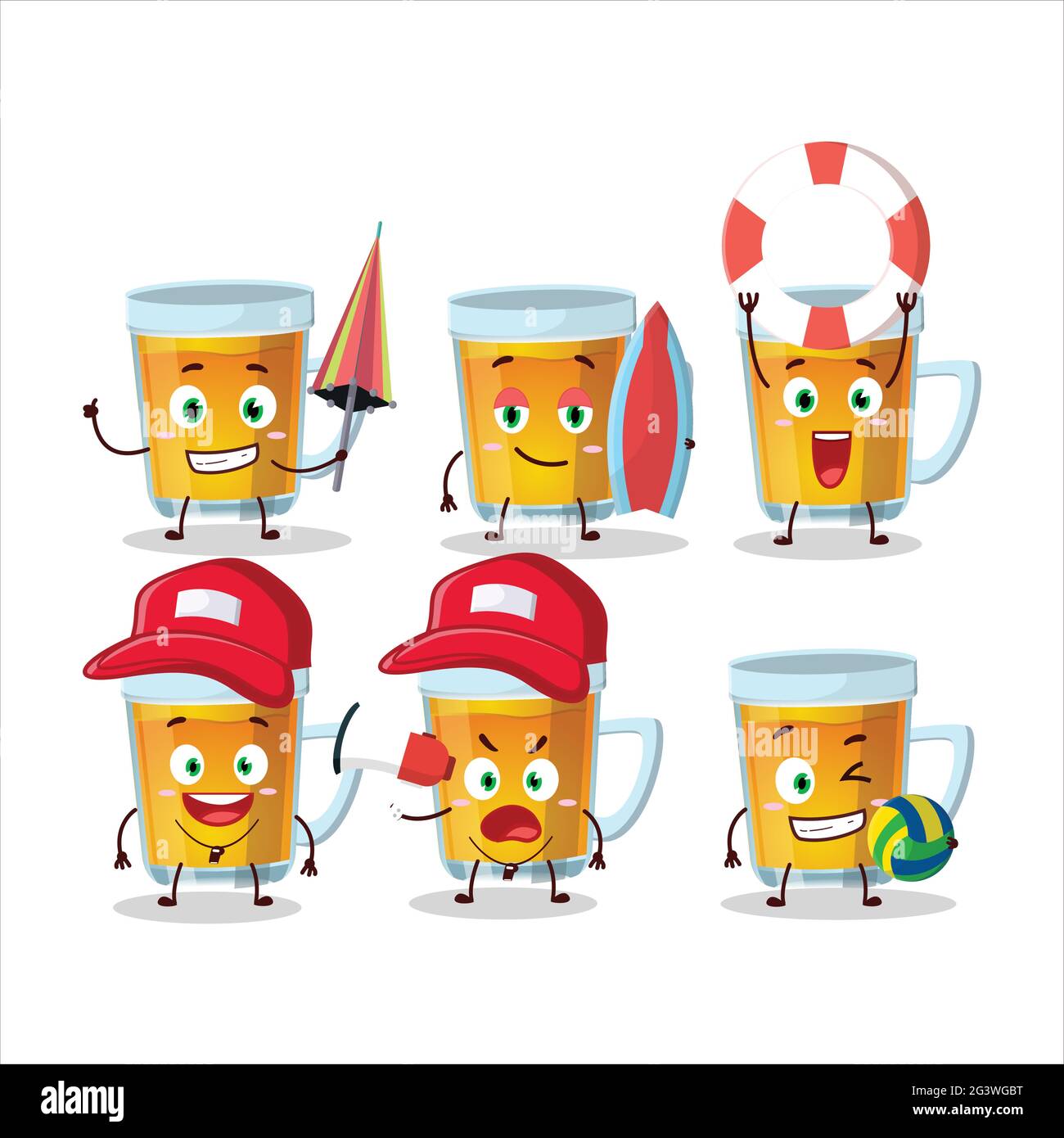 Happy Face glass of tea cartoon character playing on a beach. Vector