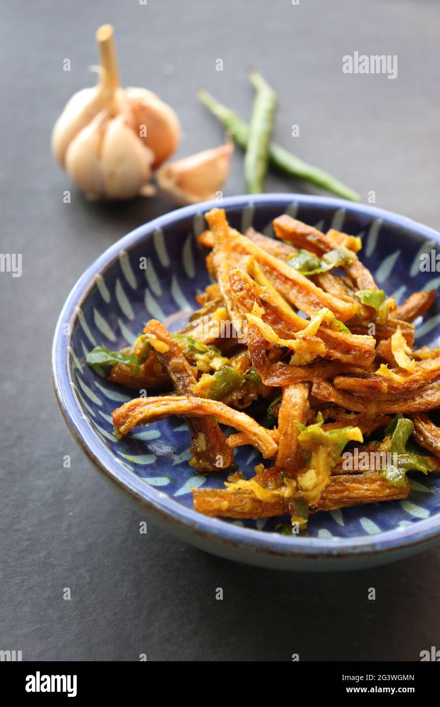 Dry Bombay duck fried with chili and garlic. Dried Bombay duck masala