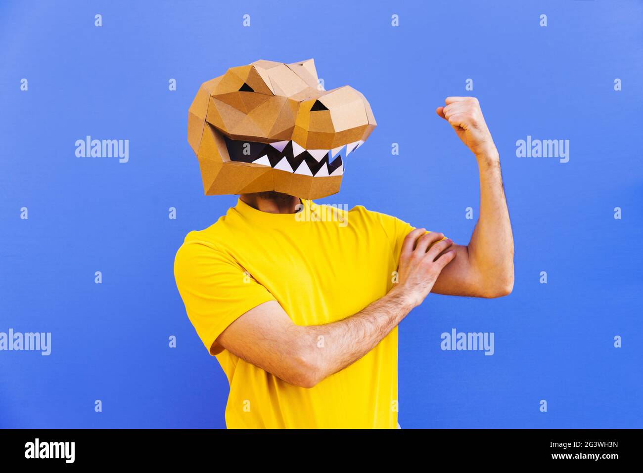 Cool man wearing 3d origami mask with stylish colored clothes - Creative concept for advertising, animal head mask doing funny things on colorful back Stock Photo