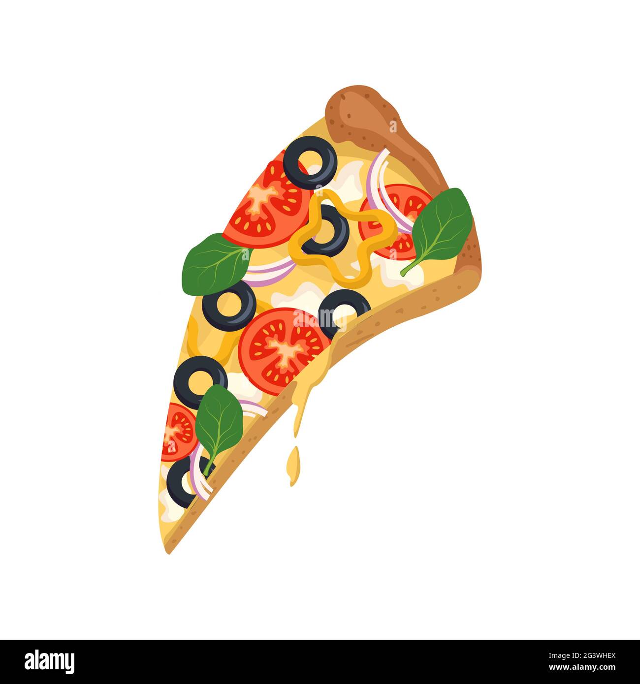 A slice of pizza with melted dripping cheese, tomatoes, olives and basil Stock Vector