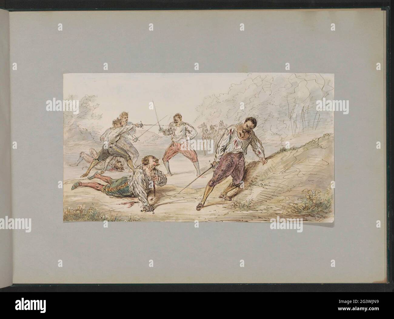 Landscape with dueling men. In the foreground a group of sword cute men